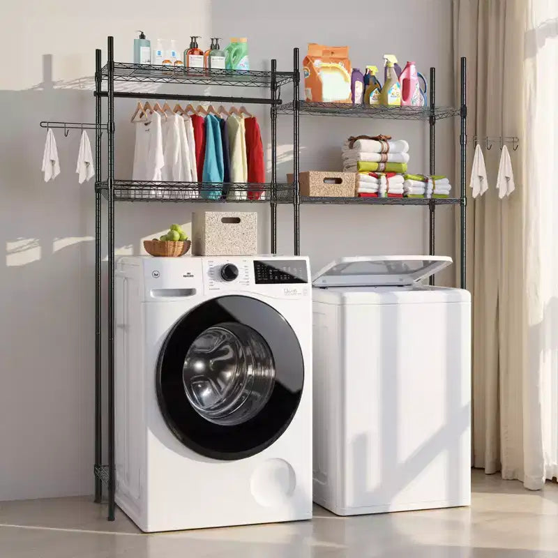 Étagère de rangement au-dessus de la machine à laver et du sèche-linge, séchoir à linge à 4 niveaux avec tringle et crochets, étagère de rangement à deux rangées pour machine à laver, noir
