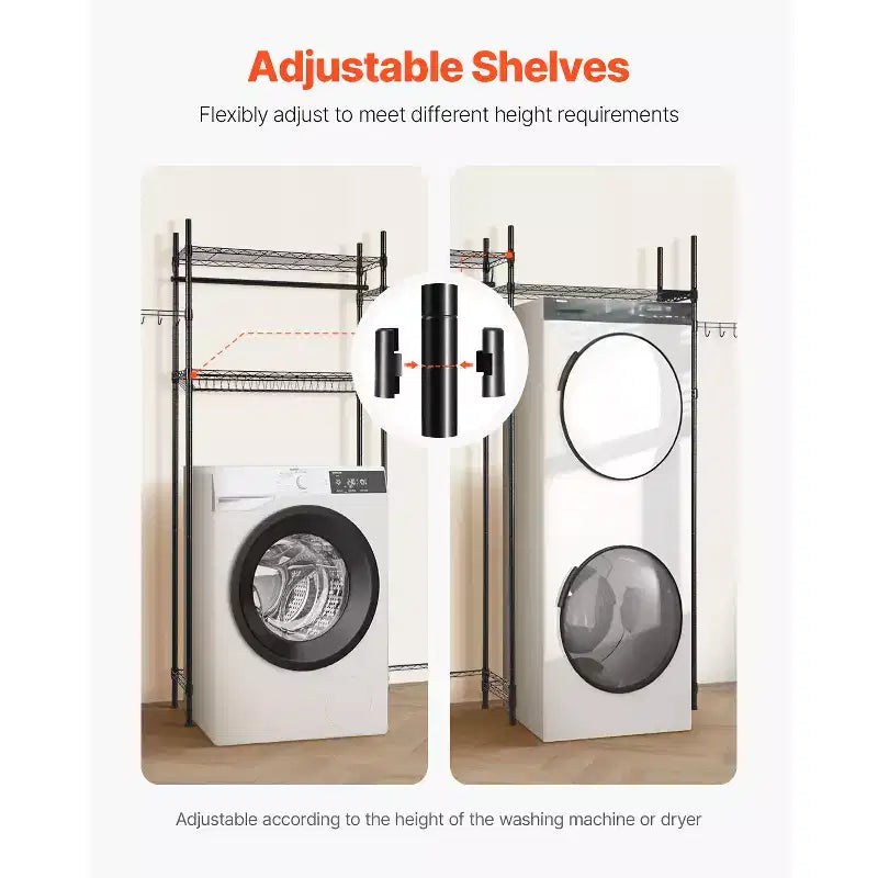 Étagère de rangement au-dessus de la machine à laver et du sèche-linge, séchoir à linge à 4 niveaux avec tringle et crochets, étagère de rangement à deux rangées pour machine à laver, noir