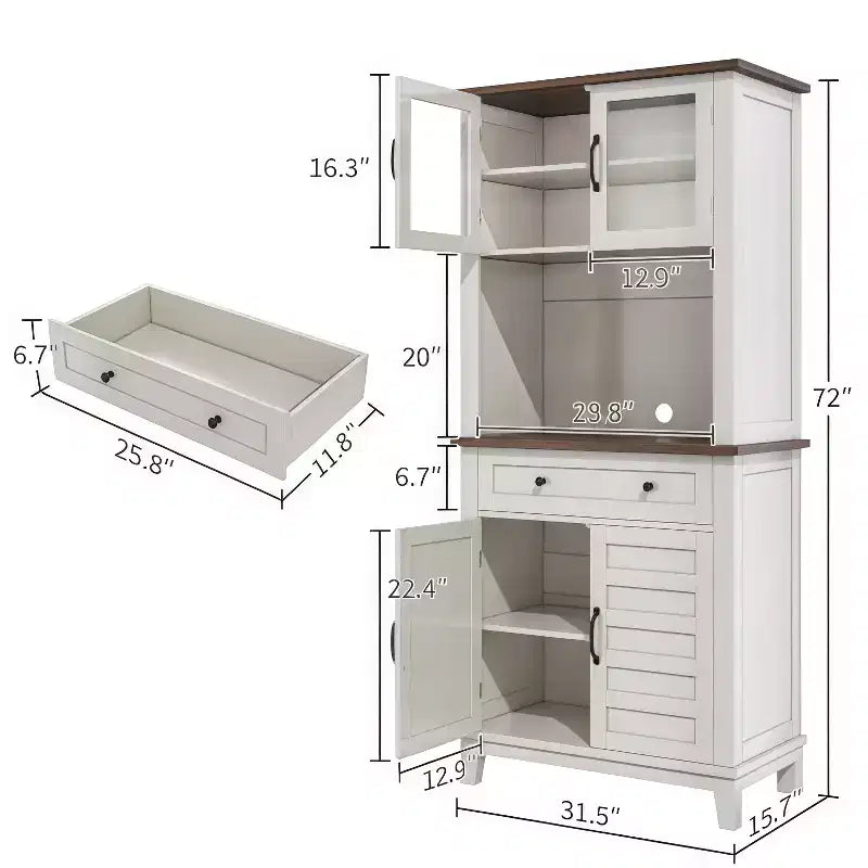 Meuble de bar de cuisine haut de 72 po avec 4 portes vitrées et 1 tiroir, buffet de rangement moderne en bois pour café avec grand espace de rangement, blanc