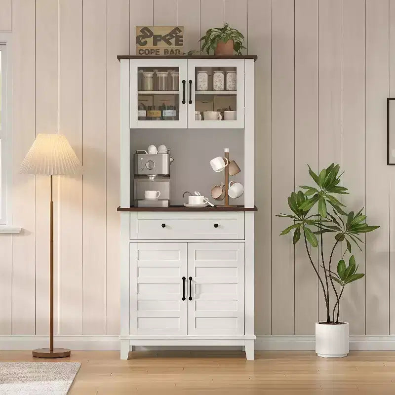 Meuble de bar de cuisine haut de 72 po avec 4 portes vitrées et 1 tiroir, buffet de rangement moderne en bois pour café avec grand espace de rangement, blanc