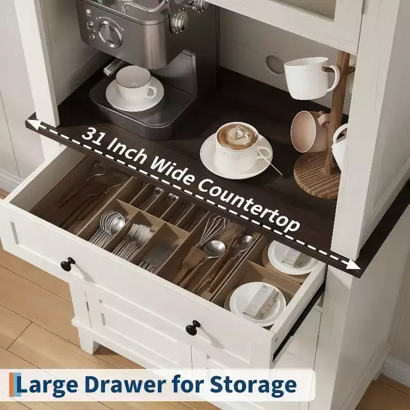 Meuble de bar de cuisine haut de 72 po avec 4 portes vitrées et 1 tiroir, buffet de rangement moderne en bois pour café avec grand espace de rangement, blanc