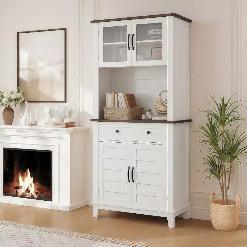 Meuble de bar de cuisine haut de 72 po avec 4 portes vitrées et 1 tiroir, buffet de rangement moderne en bois pour café avec grand espace de rangement, blanc