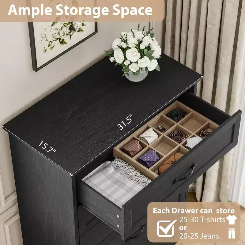 Commode à 6 tiroirs pour chambre à coucher, commode avec poignée métallique large, commode en bois moderne de style rustique, texture naturelle, organisateur de rangement pour chambre à coucher