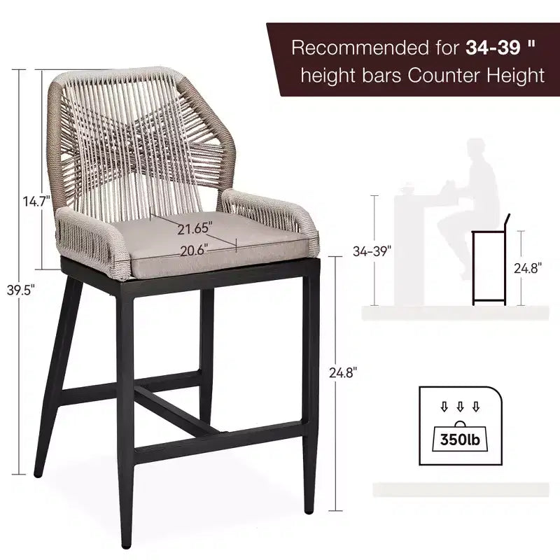 Tabourets de bar hauteur comptoir, lot de 2, Tabourets de bar hauteur comptoir en corde style bohème