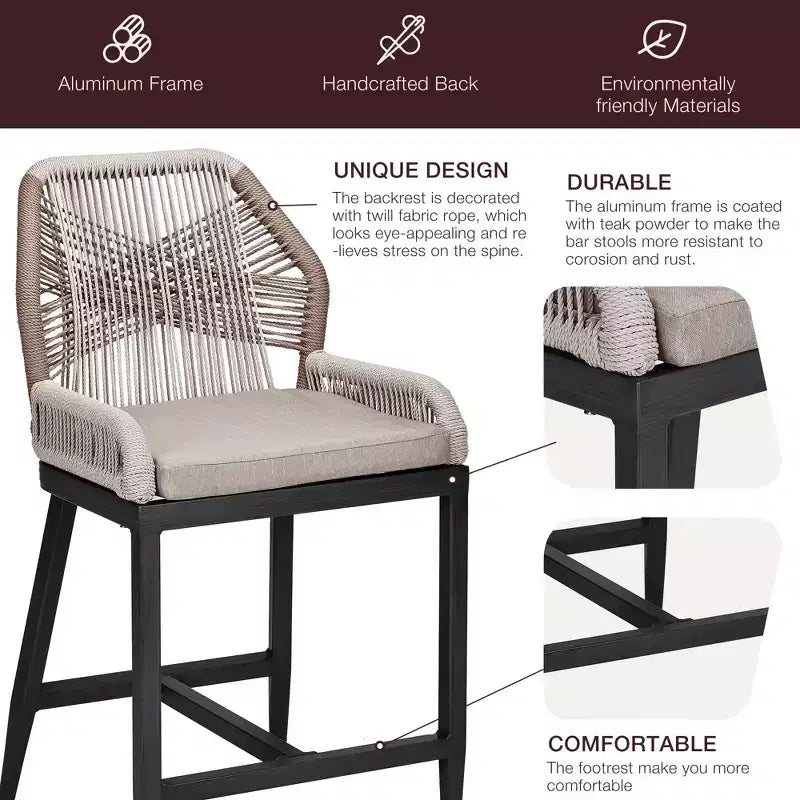 Tabourets de bar hauteur comptoir, lot de 2, Tabourets de bar hauteur comptoir en corde style bohème