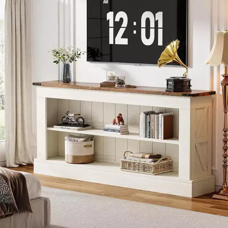 Meuble TV de style ferme pour téléviseur de 70 pouces, meuble de rangement de 63 pouces, console multimédia moderne pour salon, chambre à coucher (blanc)