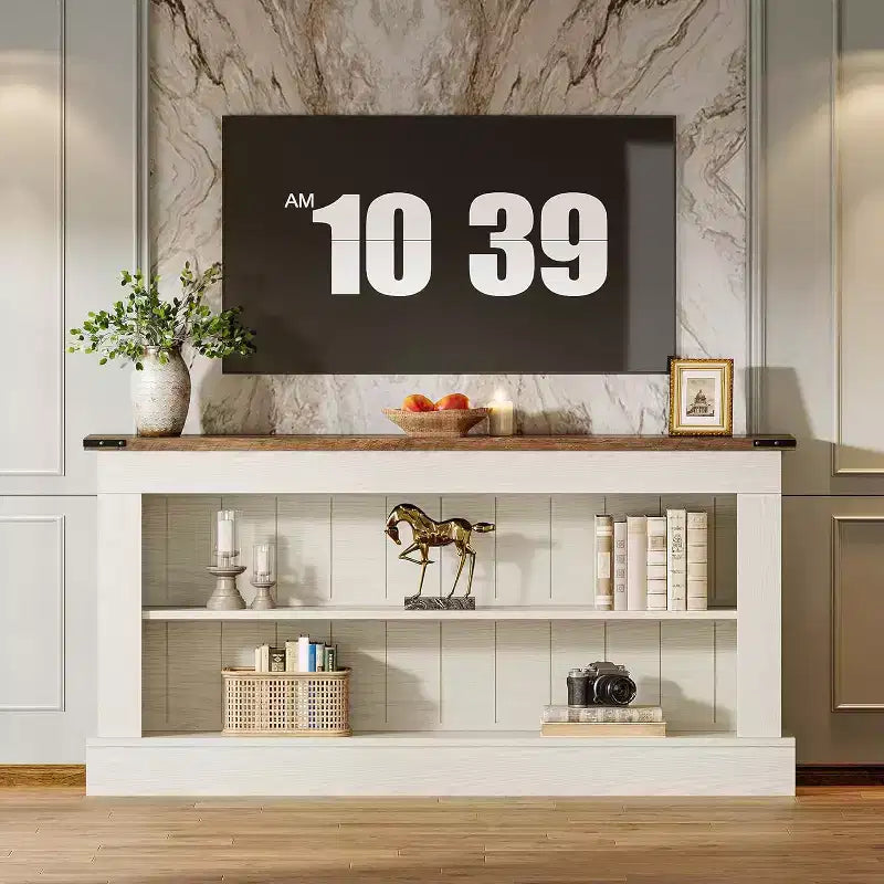 Meuble TV de style ferme pour téléviseur de 70 pouces, meuble de rangement de 63 pouces, console multimédia moderne pour salon, chambre à coucher (blanc)