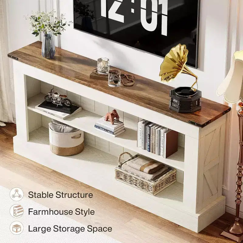 Meuble TV de style ferme pour téléviseur de 70 pouces, meuble de rangement de 63 pouces, console multimédia moderne pour salon, chambre à coucher (blanc)