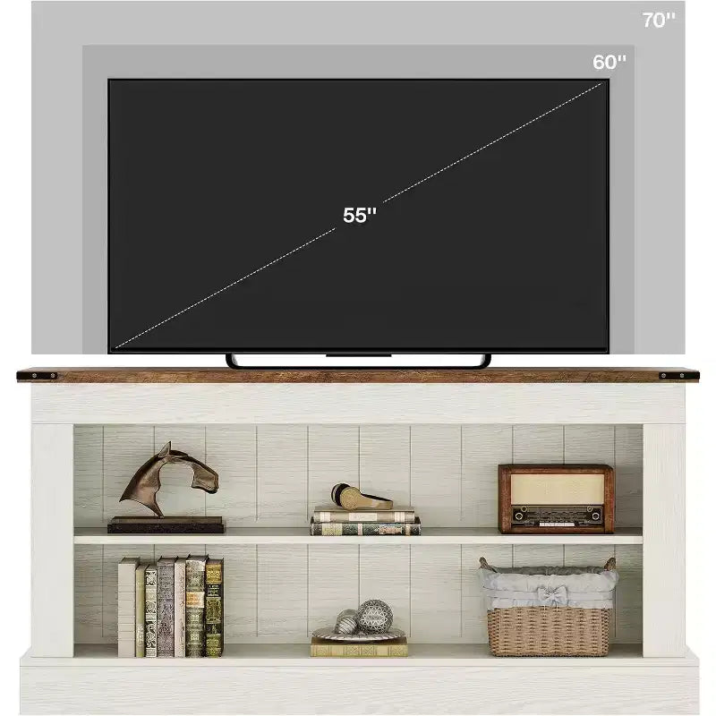 Meuble TV de style ferme pour téléviseur de 70 pouces, meuble de rangement de 63 pouces, console multimédia moderne pour salon, chambre à coucher (blanc)