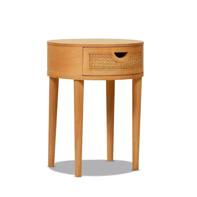 Table d'appoint Rossville 18 ronde en rotin et bois avec tiroir