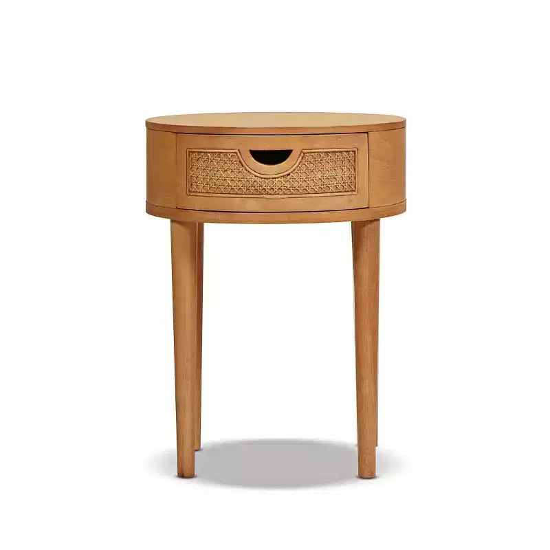 Table d'appoint Rossville 18 ronde en rotin et bois avec tiroir