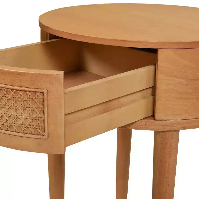 Table d'appoint Rossville 18 ronde en rotin et bois avec tiroir