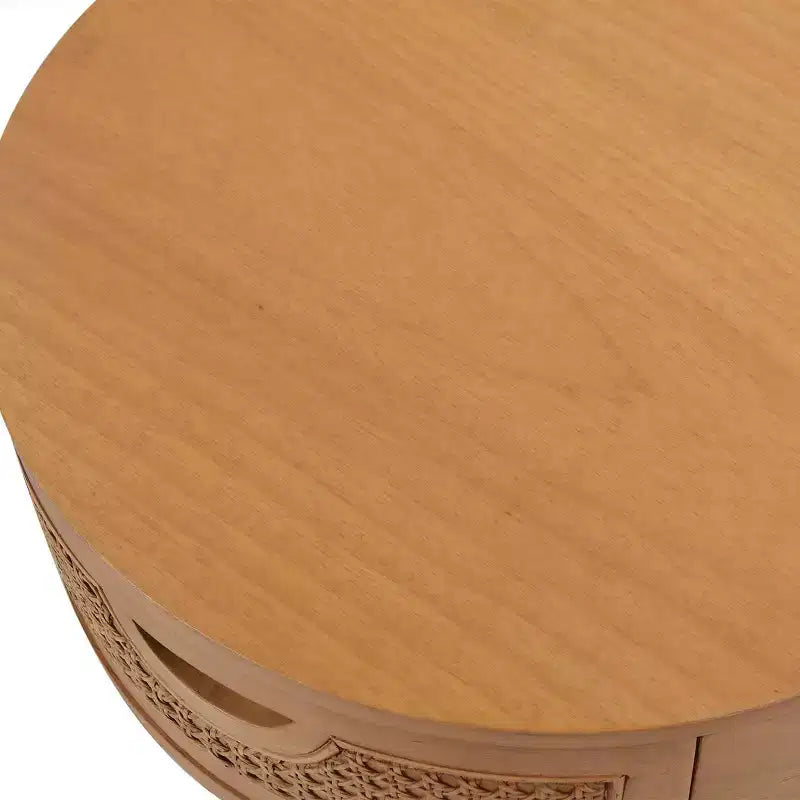 Table d'appoint Rossville 18 ronde en rotin et bois avec tiroir