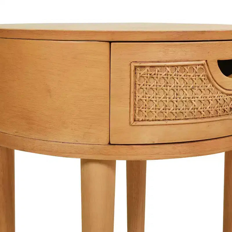 Table d'appoint Rossville 18 ronde en rotin et bois avec tiroir