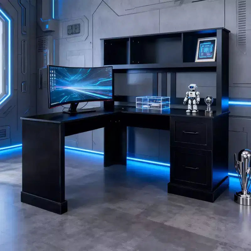 Homy Casa L-Shaped Computer Desk with Hutch and Drawers, Modern Home Office Corner Workstation, Black