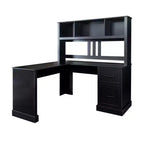 Bureau d'ordinateur en L avec huche et tiroirs, poste de travail d'angle moderne pour bureau à domicile, noir