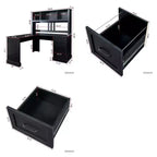 Bureau d'ordinateur en L avec huche et tiroirs, poste de travail d'angle moderne pour bureau à domicile, noir