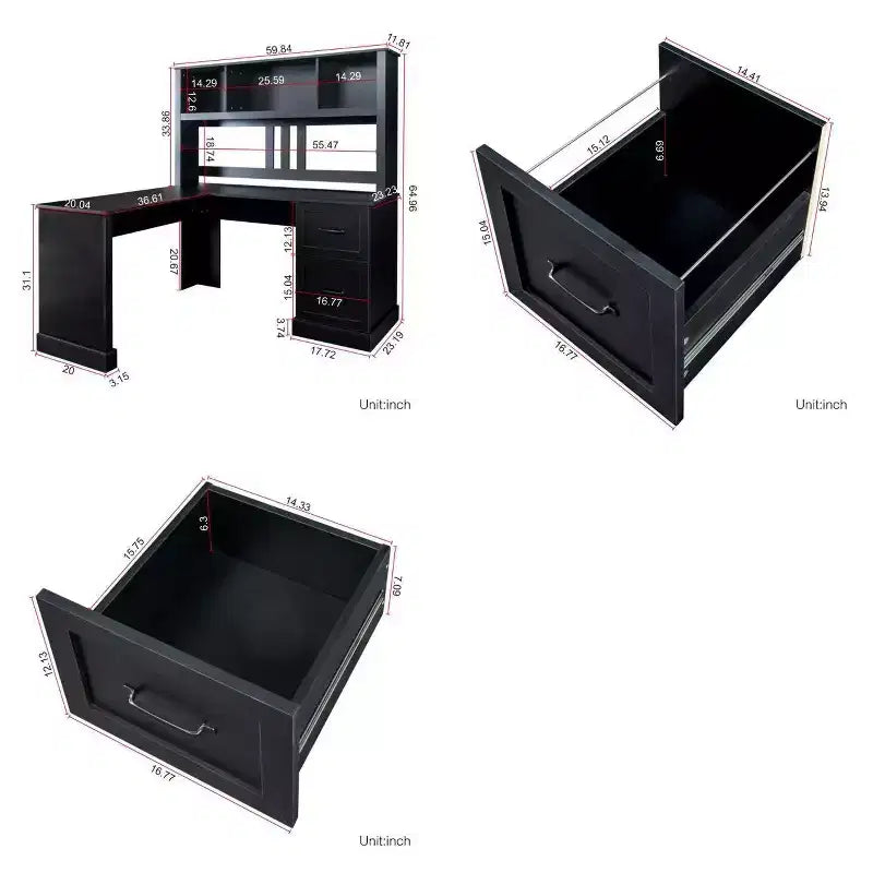 Bureau d'ordinateur en L avec huche et tiroirs, poste de travail d'angle moderne pour bureau à domicile, noir