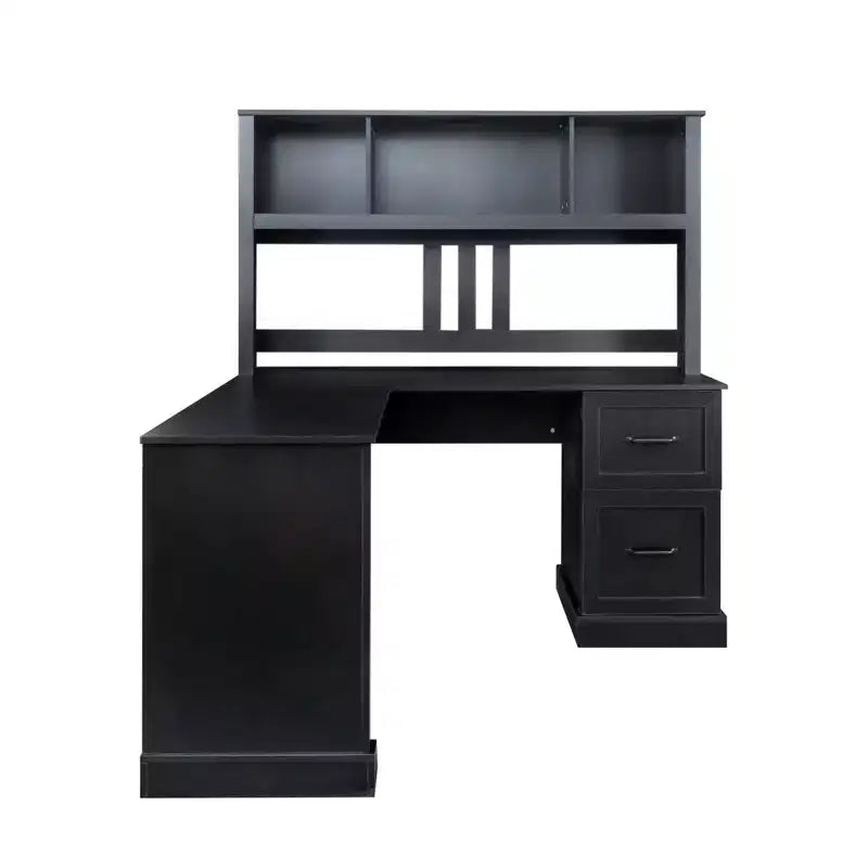 Bureau d'ordinateur en L avec huche et tiroirs, poste de travail d'angle moderne pour bureau à domicile, noir