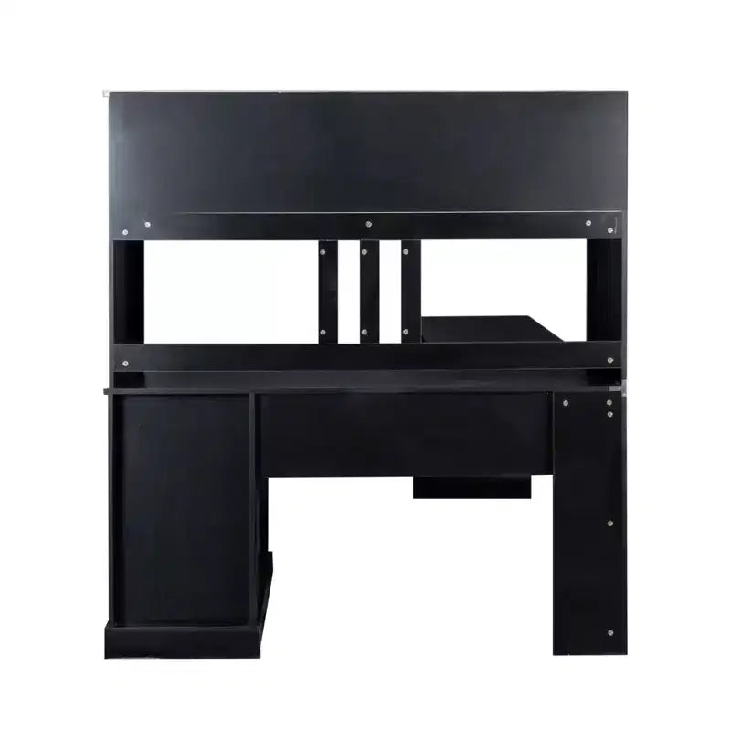 Bureau d'ordinateur en L avec huche et tiroirs, poste de travail d'angle moderne pour bureau à domicile, noir