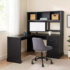 Bureau d'ordinateur en L avec huche et tiroirs, poste de travail d'angle moderne pour bureau à domicile, noir