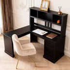 Bureau d'ordinateur en L avec huche et tiroirs, poste de travail d'angle moderne pour bureau à domicile, noir