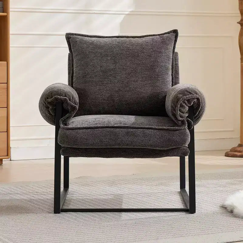 Fauteuil inclinable moderne en chenille avec accoudoirs réglables, dossier rembourré et cadre en métal noir, fauteuil de relaxation pour les salons et les espaces de détente