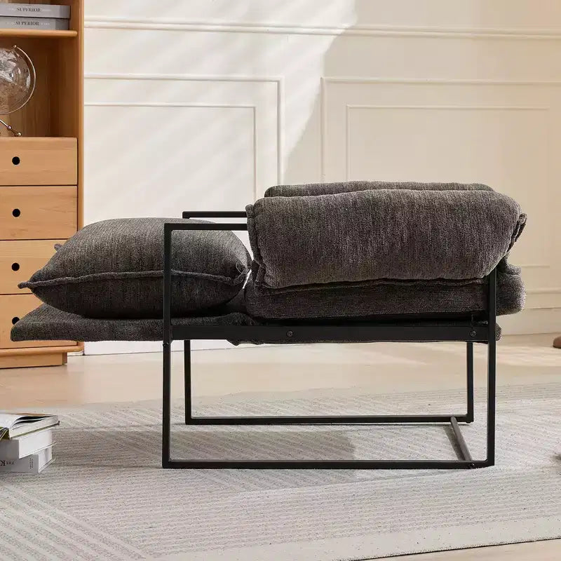 Fauteuil inclinable moderne en chenille avec accoudoirs réglables, dossier rembourré et cadre en métal noir, fauteuil de relaxation pour les salons et les espaces de détente