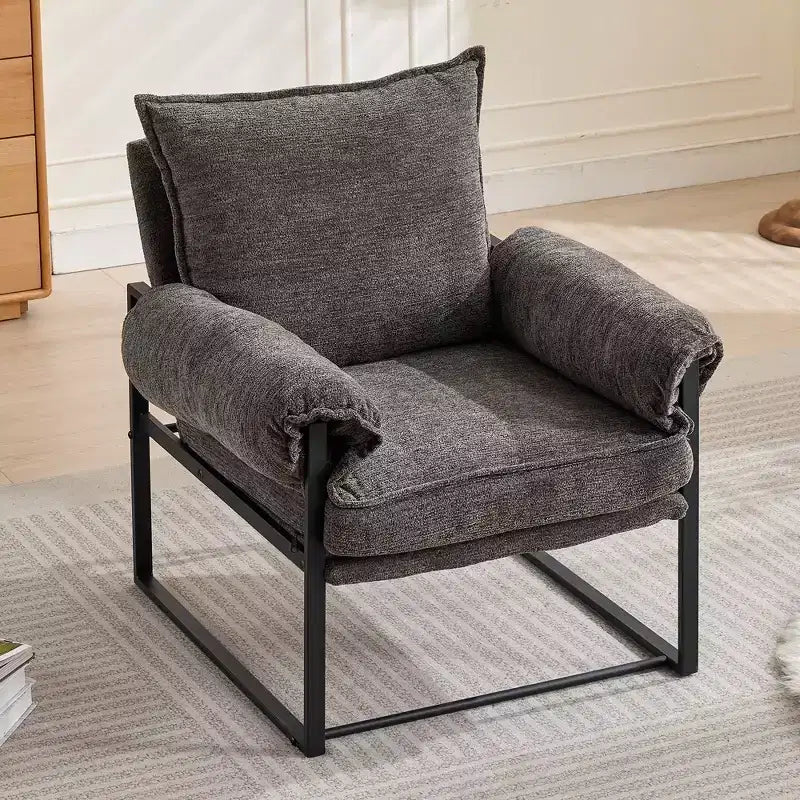 Fauteuil inclinable moderne en chenille avec accoudoirs réglables, dossier rembourré et cadre en métal noir, fauteuil de relaxation pour les salons et les espaces de détente