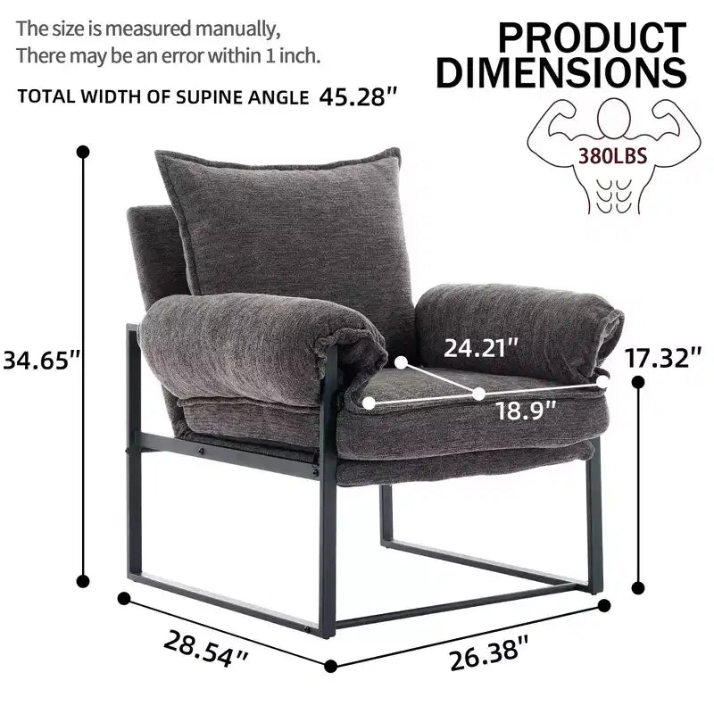 Fauteuil inclinable moderne en chenille avec accoudoirs réglables, dossier rembourré et cadre en métal noir, fauteuil de relaxation pour les salons et les espaces de détente