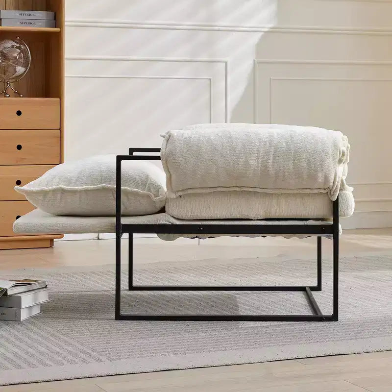 Fauteuil inclinable moderne en chenille avec accoudoirs réglables, dossier rembourré et cadre en métal noir, fauteuil de relaxation pour les salons et les espaces de détente