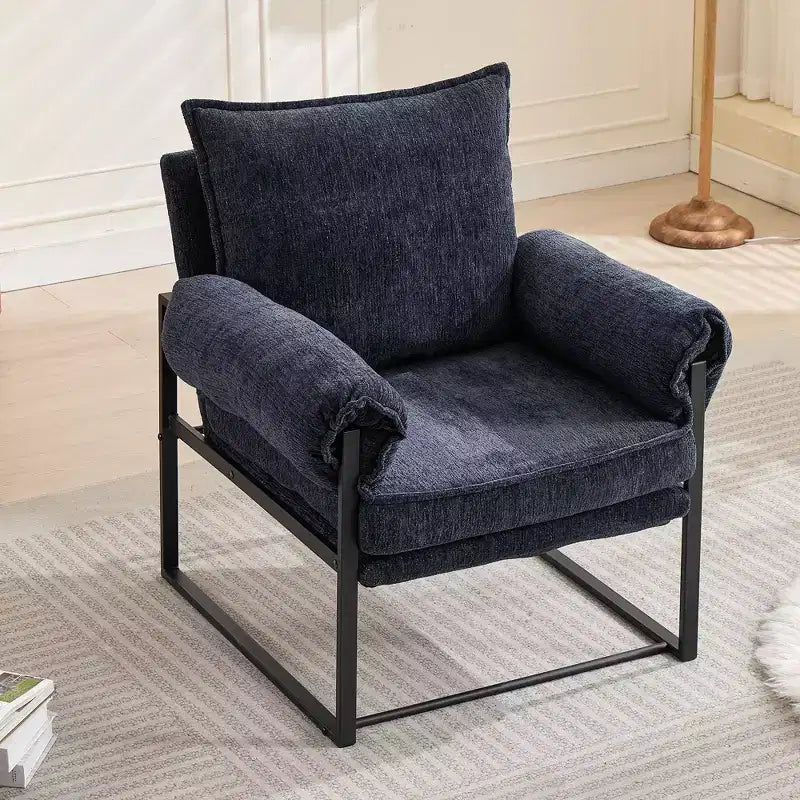 Fauteuil inclinable moderne en chenille avec accoudoirs réglables, dossier rembourré et cadre en métal noir, fauteuil de relaxation pour les salons et les espaces de détente