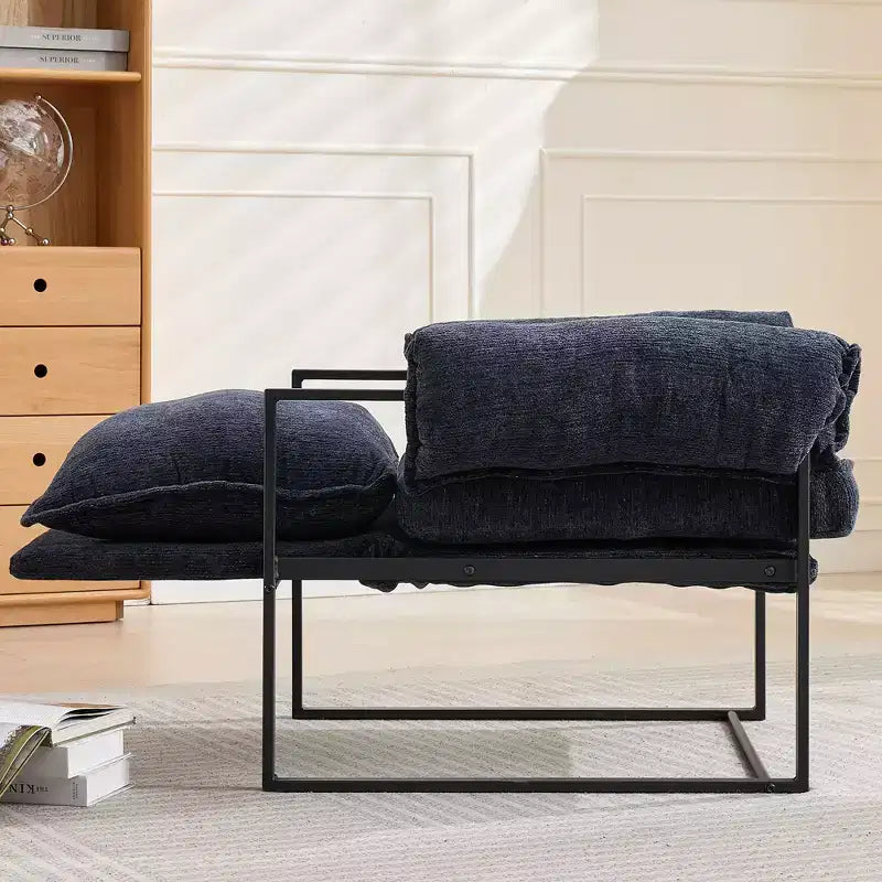 Fauteuil inclinable moderne en chenille avec accoudoirs réglables, dossier rembourré et cadre en métal noir, fauteuil de relaxation pour les salons et les espaces de détente