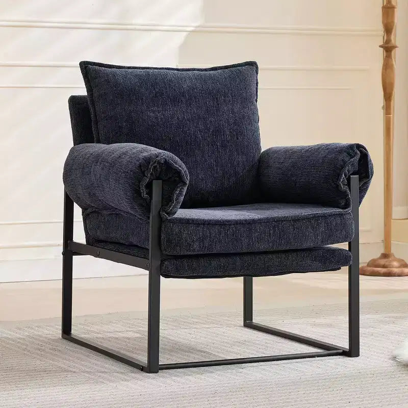Fauteuil inclinable moderne en chenille avec accoudoirs réglables, dossier rembourré et cadre en métal noir, fauteuil de relaxation pour les salons et les espaces de détente