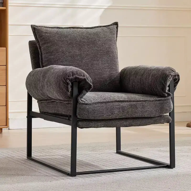 Fauteuil inclinable moderne en chenille avec accoudoirs réglables, dossier rembourré et cadre en métal noir, fauteuil de relaxation pour les salons et les espaces de détente