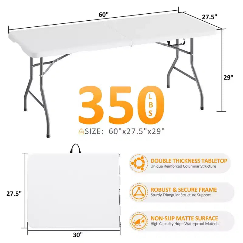 Table pliante 5 pieds Table de fête longue pliable en deux Table portable et escamotable avec conception robuste