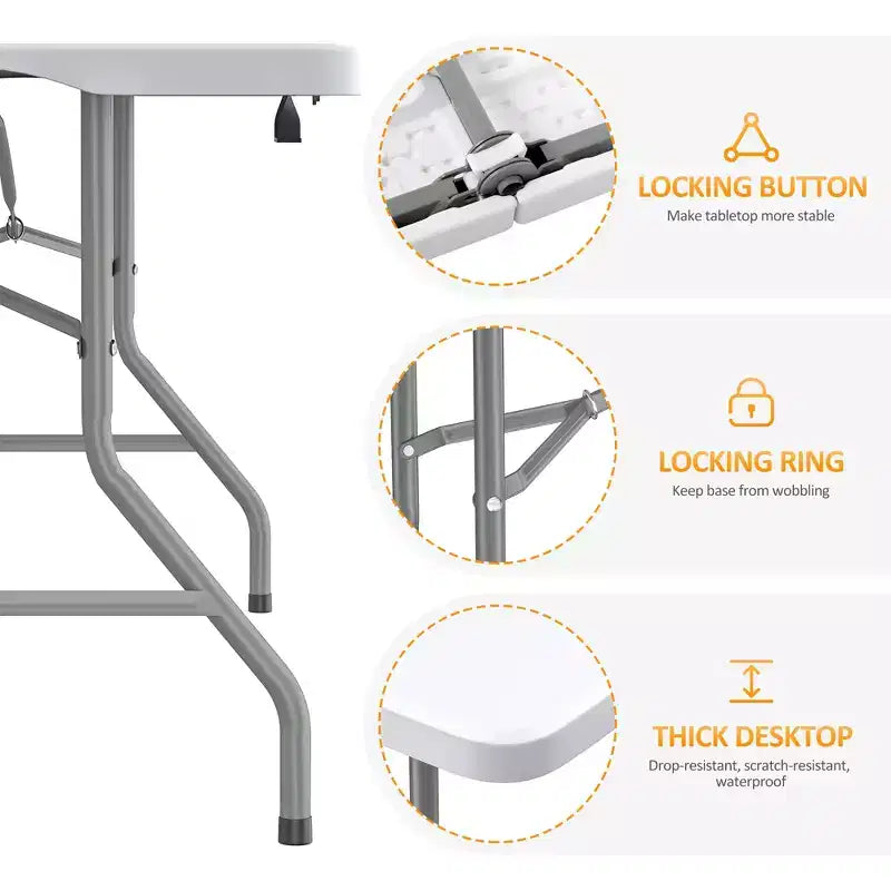 Table pliante 5 pieds Table de fête longue pliable en deux Table portable et escamotable avec conception robuste
