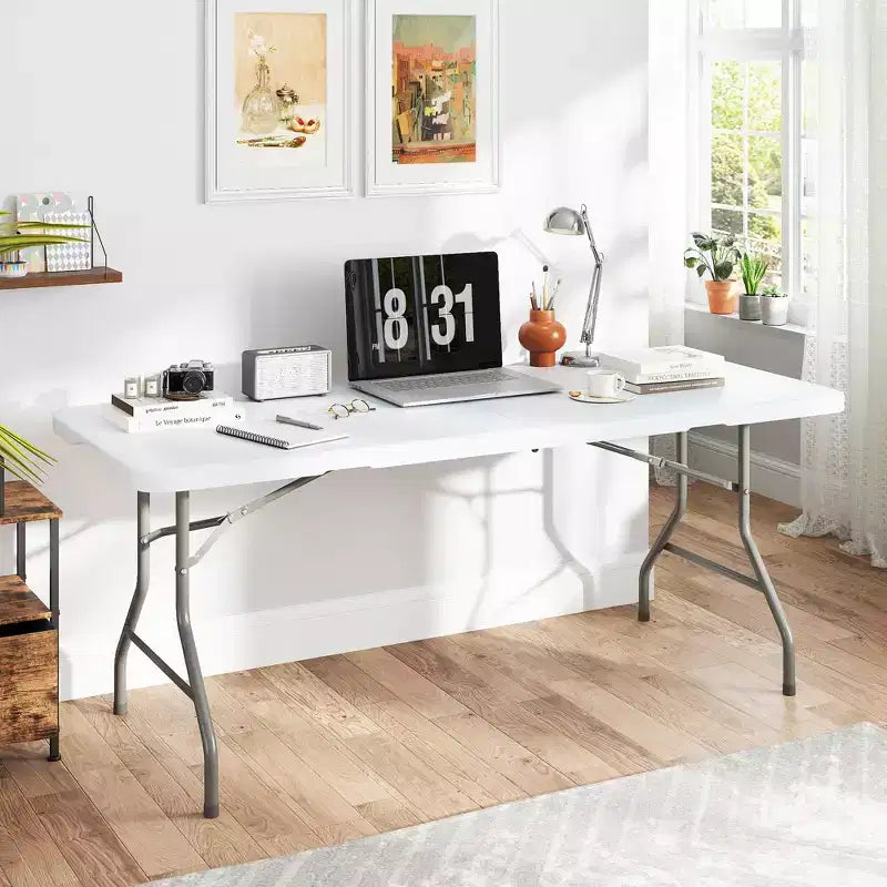 Table pliante 5 pieds Table de fête longue pliable en deux Table portable et escamotable avec conception robuste