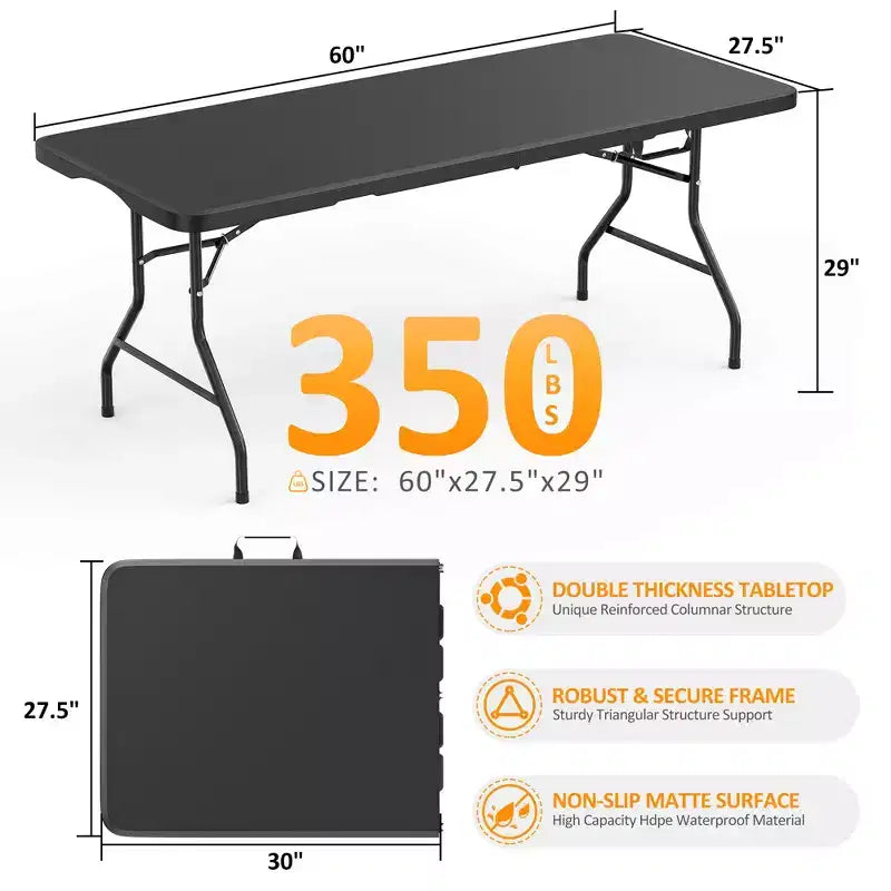 Table pliante 5 pieds Table de fête longue pliable en deux Table portable et escamotable avec conception robuste