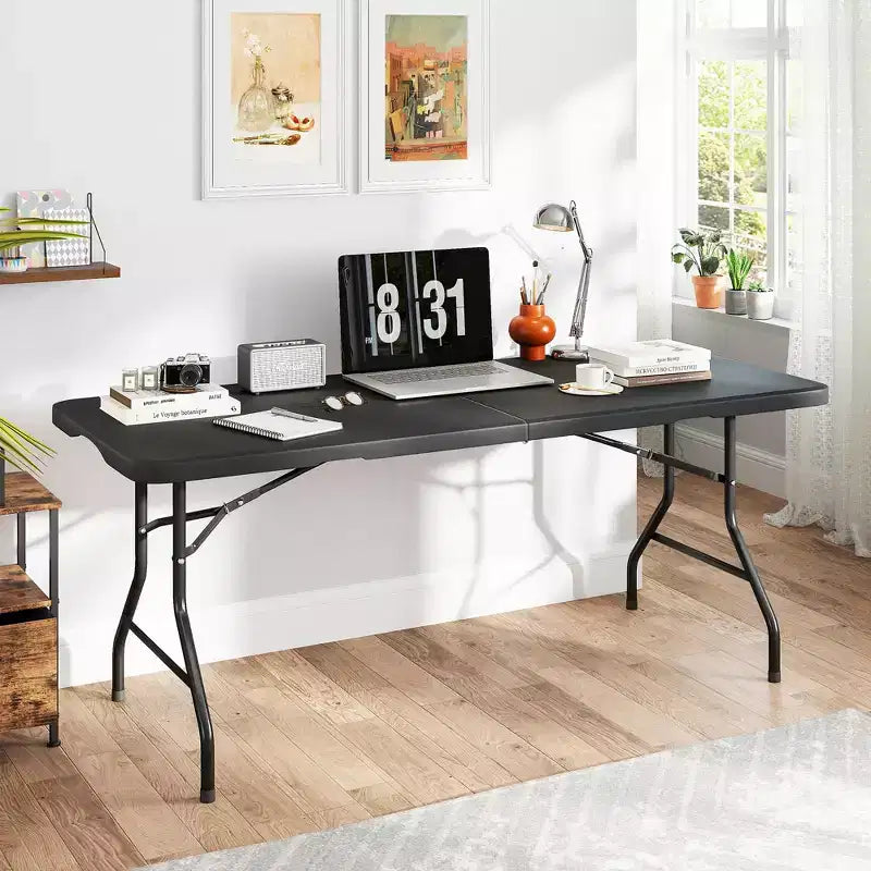 Table pliante 5 pieds Table de fête longue pliable en deux Table portable et escamotable avec conception robuste