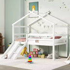 Lit mezzanine bas pour enfants 81,7 po avec toboggan, lit simple avec échelle, garde-corps de sécurité et cadre de toit de maison, cadres de lit pour chambre d'enfant