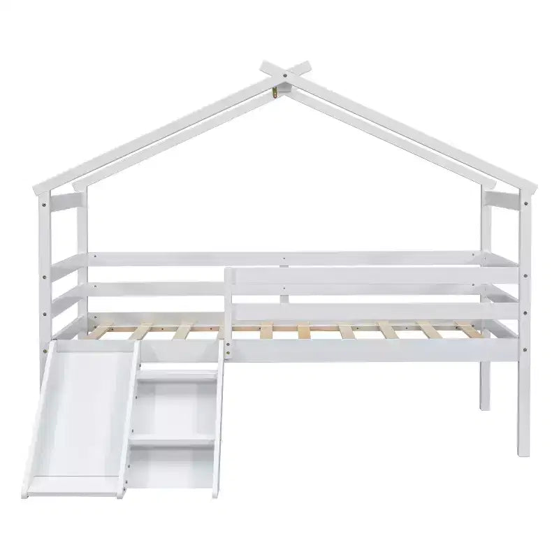 Lit mezzanine bas pour enfants 81,7 po avec toboggan, lit simple avec échelle, garde-corps de sécurité et cadre de toit de maison, cadres de lit pour chambre d'enfant