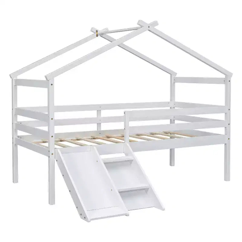 Lit mezzanine bas pour enfants 81,7 po avec toboggan, lit simple avec échelle, garde-corps de sécurité et cadre de toit de maison, cadres de lit pour chambre d'enfant