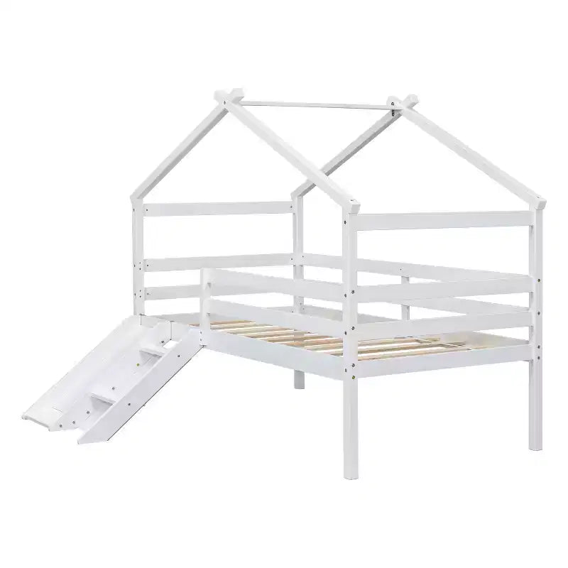 Lit mezzanine bas pour enfants 81,7 po avec toboggan, lit simple avec échelle, garde-corps de sécurité et cadre de toit de maison, cadres de lit pour chambre d'enfant