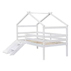 Lit mezzanine bas pour enfants 81,7 po avec toboggan, lit simple avec échelle, garde-corps de sécurité et cadre de toit de maison, cadres de lit pour chambre d'enfant