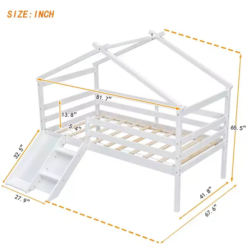 Lit mezzanine bas pour enfants 81,7 po avec toboggan, lit simple avec échelle, garde-corps de sécurité et cadre de toit de maison, cadres de lit pour chambre d'enfant
