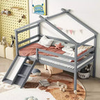 Lit mezzanine bas pour enfants 81,7 po avec toboggan, lit simple avec échelle, garde-corps de sécurité et cadre de toit de maison, cadres de lit pour chambre d'enfant