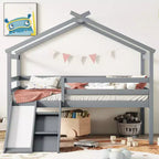 Lit mezzanine bas pour enfants 81,7 po avec toboggan, lit simple avec échelle, garde-corps de sécurité et cadre de toit de maison, cadres de lit pour chambre d'enfant