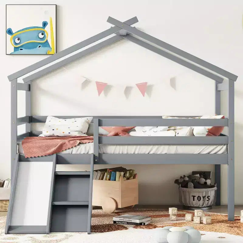 Lit mezzanine bas pour enfants 81,7 po avec toboggan, lit simple avec échelle, garde-corps de sécurité et cadre de toit de maison, cadres de lit pour chambre d'enfant