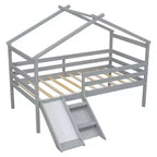 Lit mezzanine bas pour enfants 81,7 po avec toboggan, lit simple avec échelle, garde-corps de sécurité et cadre de toit de maison, cadres de lit pour chambre d'enfant
